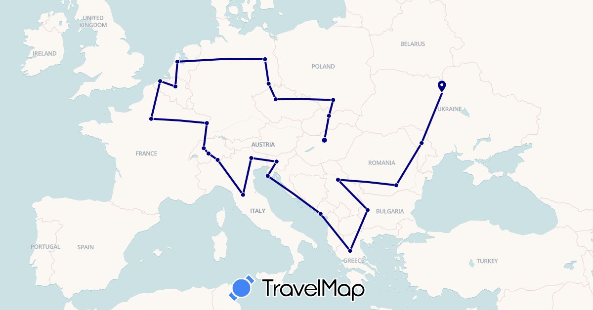 TravelMap itinerary: driving in Belgium, Bulgaria, Switzerland, Czech Republic, Germany, France, Greece, Croatia, Hungary, Italy, Moldova, Montenegro, Netherlands, Poland, Romania, Serbia, Slovenia, Slovakia, Ukraine (Europe)